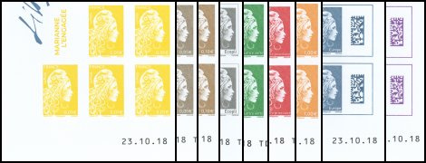 Coins datés série Marianne l'engagée tirage gommé non dentelé 2018 - 9 timbres multicolores provenant du coffret salon 2018