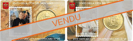 Lot de 2 StampCoincards Vatican 2019 CC série n°30 à n°31 pièces 50 cents Armoiries du pape François et timbres